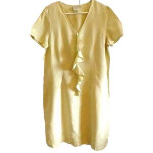 Hot Cotton Linen Dress Ruffle Front Short Sleeve Knee Length Pale Yellow - Med